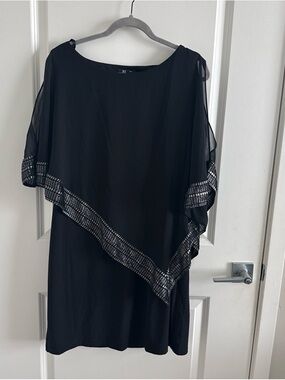 SLNY Black One-Shoulder Dress with Silver Beaded Trim